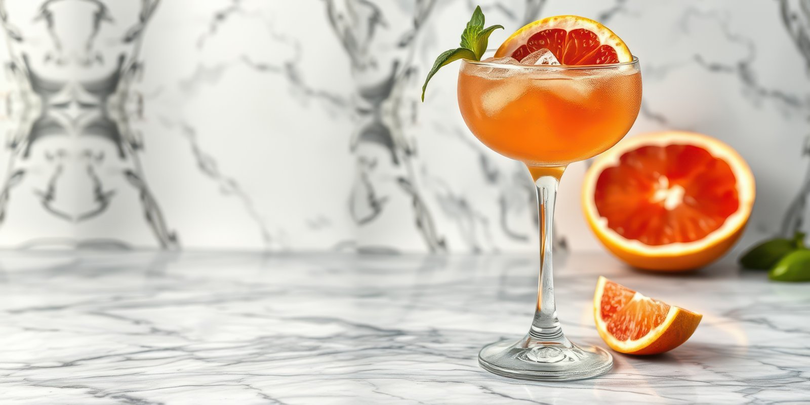 Refreshing cocktail garnished with citrus served on a marble countertop in a stylish setting